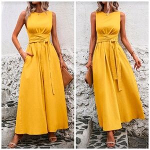 New Textured Cotton High Neck Wrap Tie Waist Maxi Dress Yellow